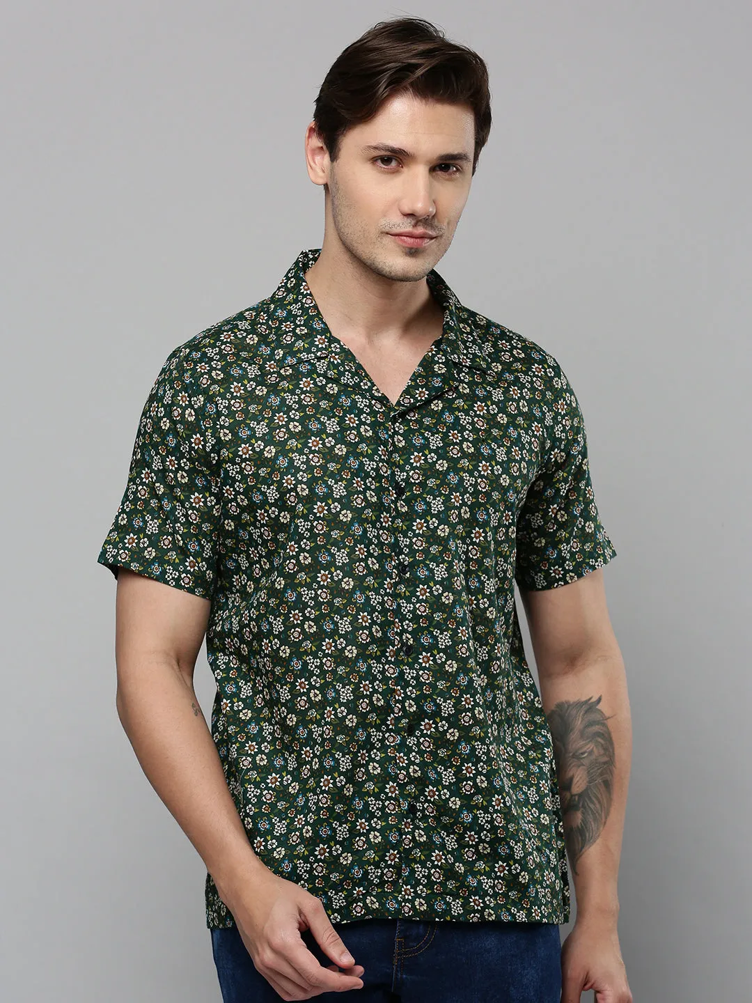 Men Green Comfort Floral Printed Cuban Collar Casual Shirt