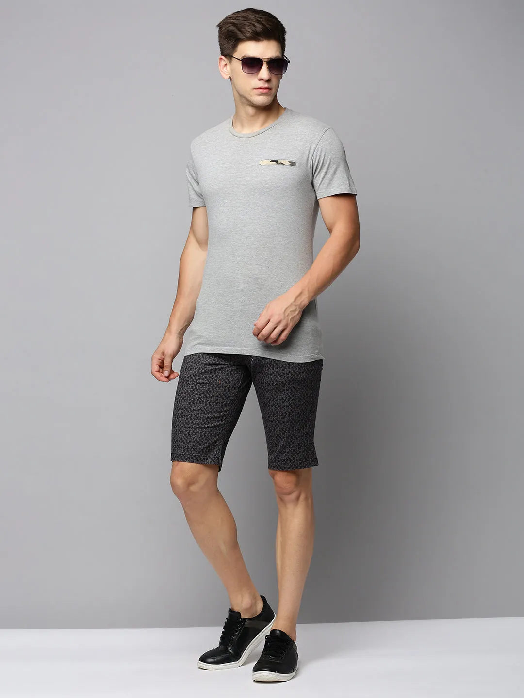 Men Grey Abstract Printed Cotton Mid-Rise Chinos Shorts