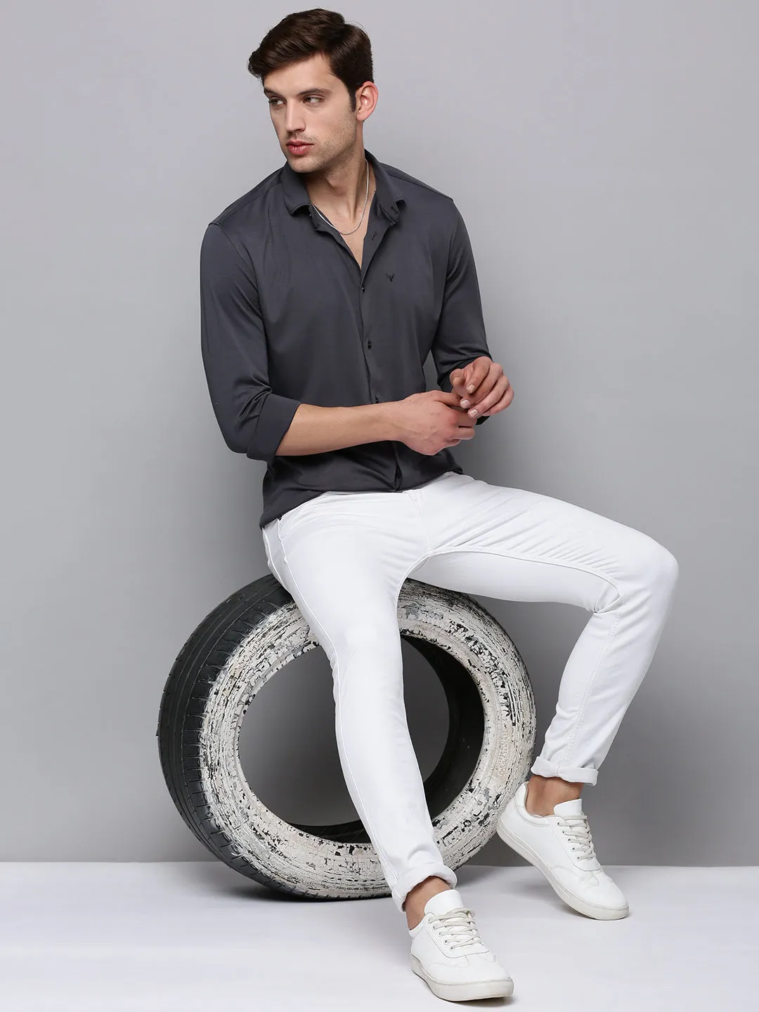Men Grey Casual Cotton Shirt