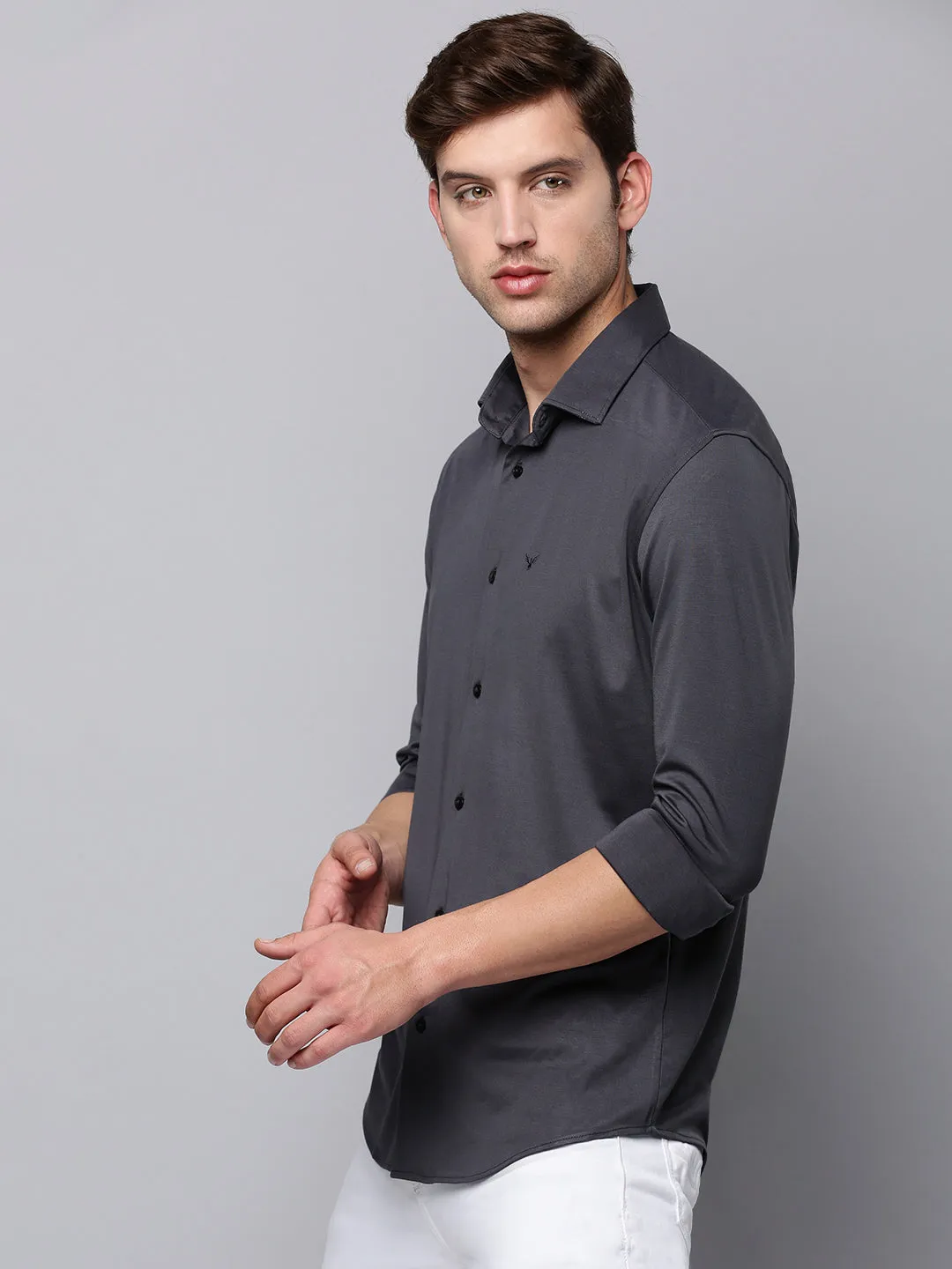 Men Grey Casual Cotton Shirt