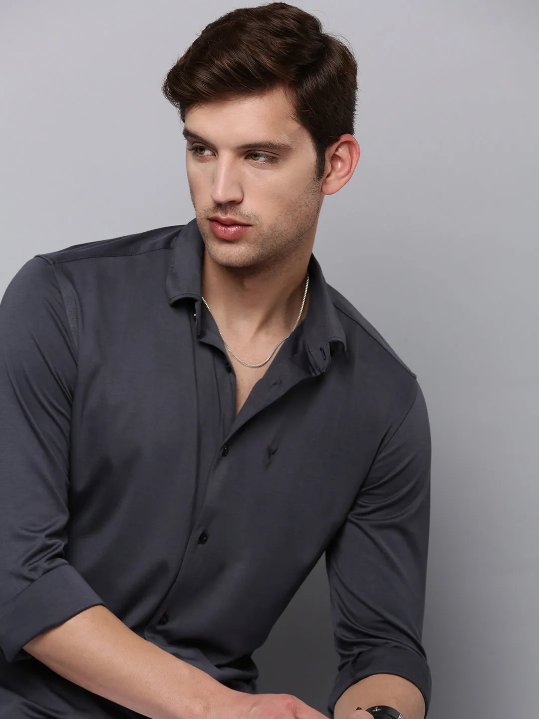 Men Grey Casual Cotton Shirt