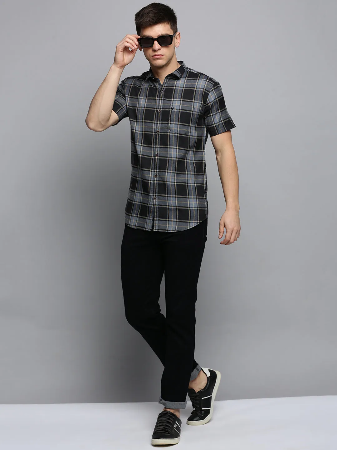 Men Grey Classic Tartan Checked Casual Shirt