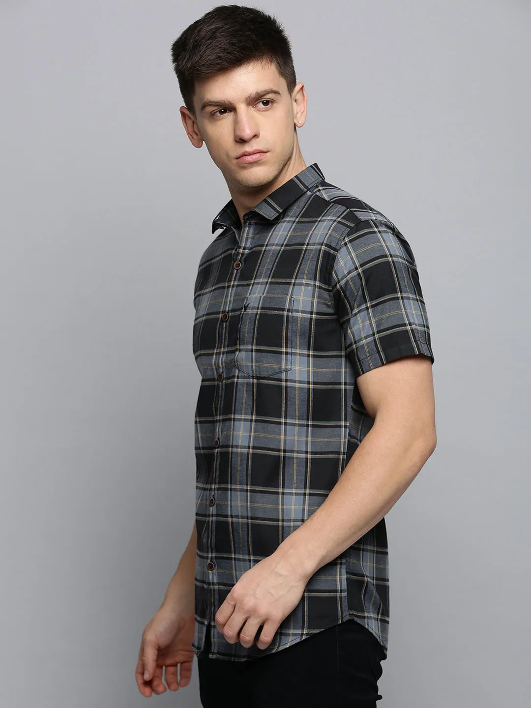 Men Grey Classic Tartan Checked Casual Shirt