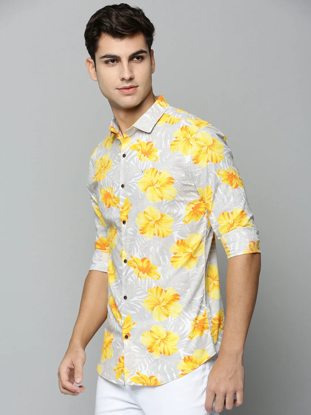 Men Grey Comfort Floral Printed Casual Cotton Shirt