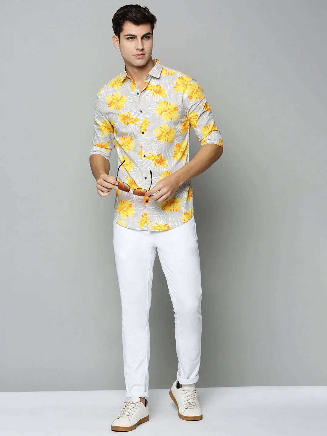 Men Grey Comfort Floral Printed Casual Cotton Shirt
