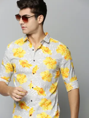 Men Grey Comfort Floral Printed Casual Cotton Shirt