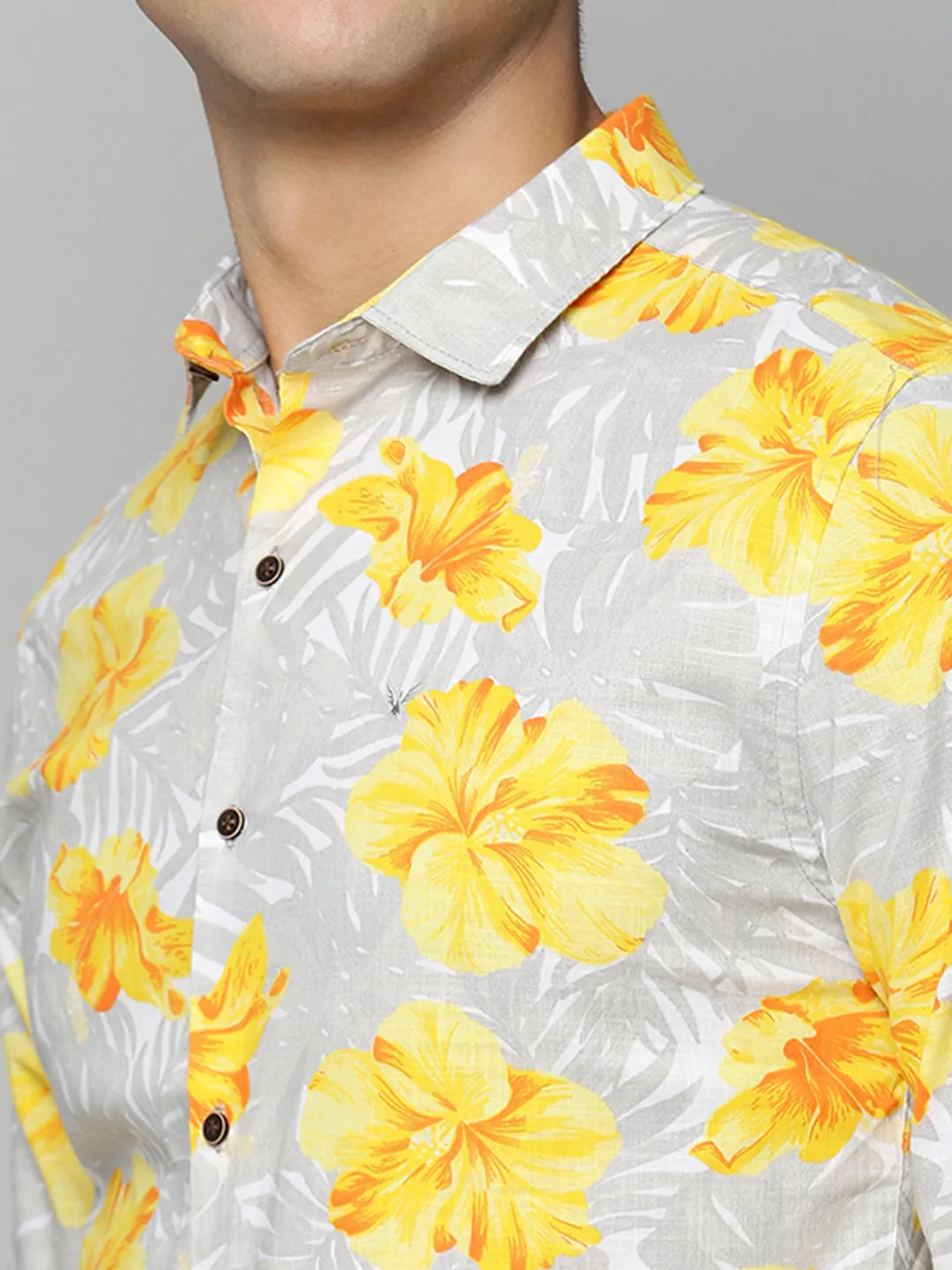 Men Grey Comfort Floral Printed Casual Cotton Shirt