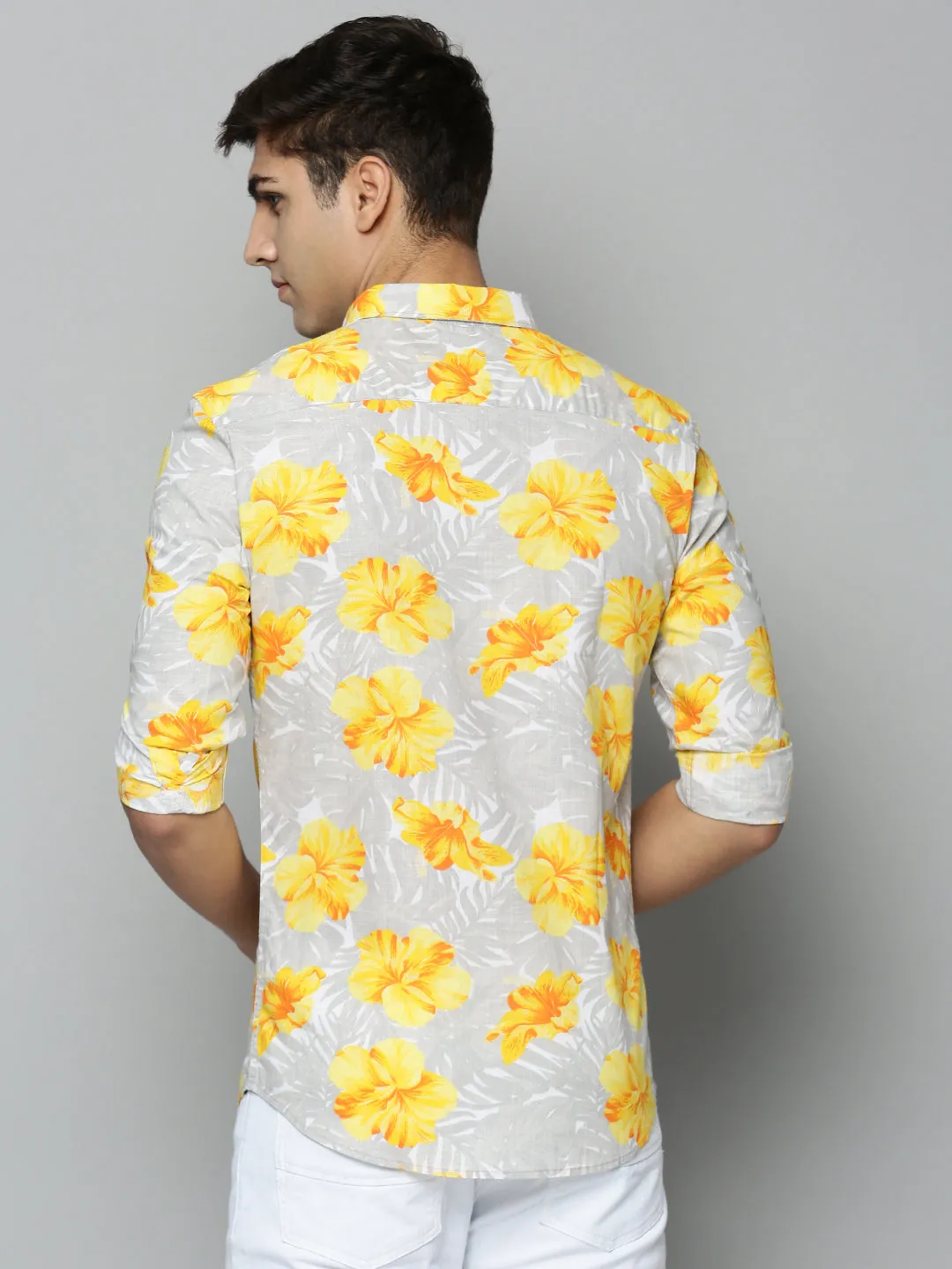 Men Grey Comfort Floral Printed Casual Cotton Shirt