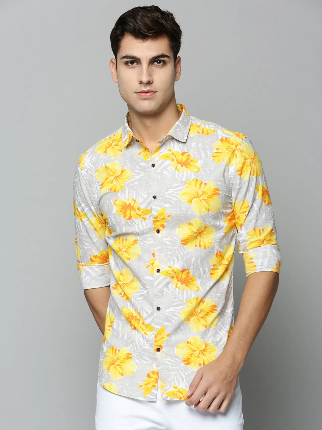 Men Grey Comfort Floral Printed Casual Cotton Shirt