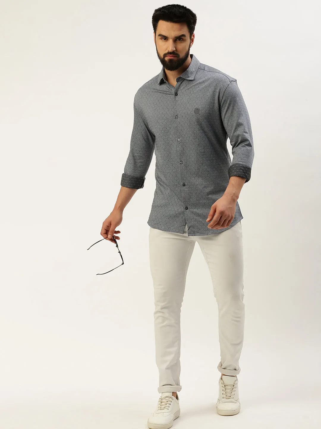 Men Grey Comfort Self Design Cotton Casual Shirt