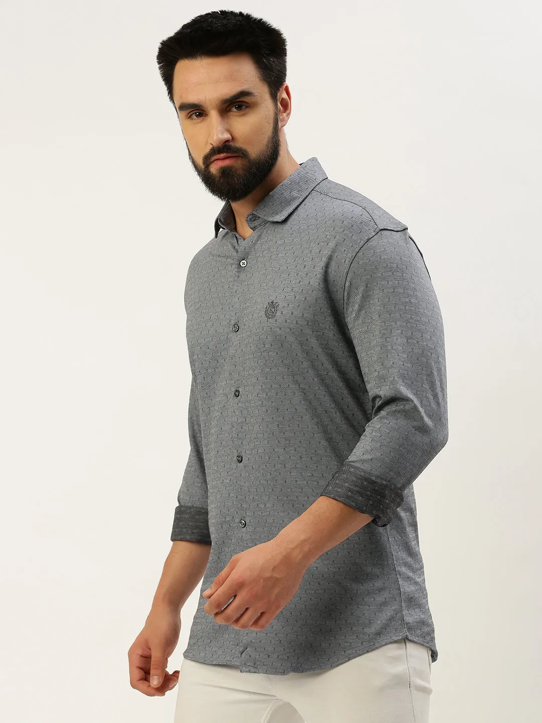 Men Grey Comfort Self Design Cotton Casual Shirt