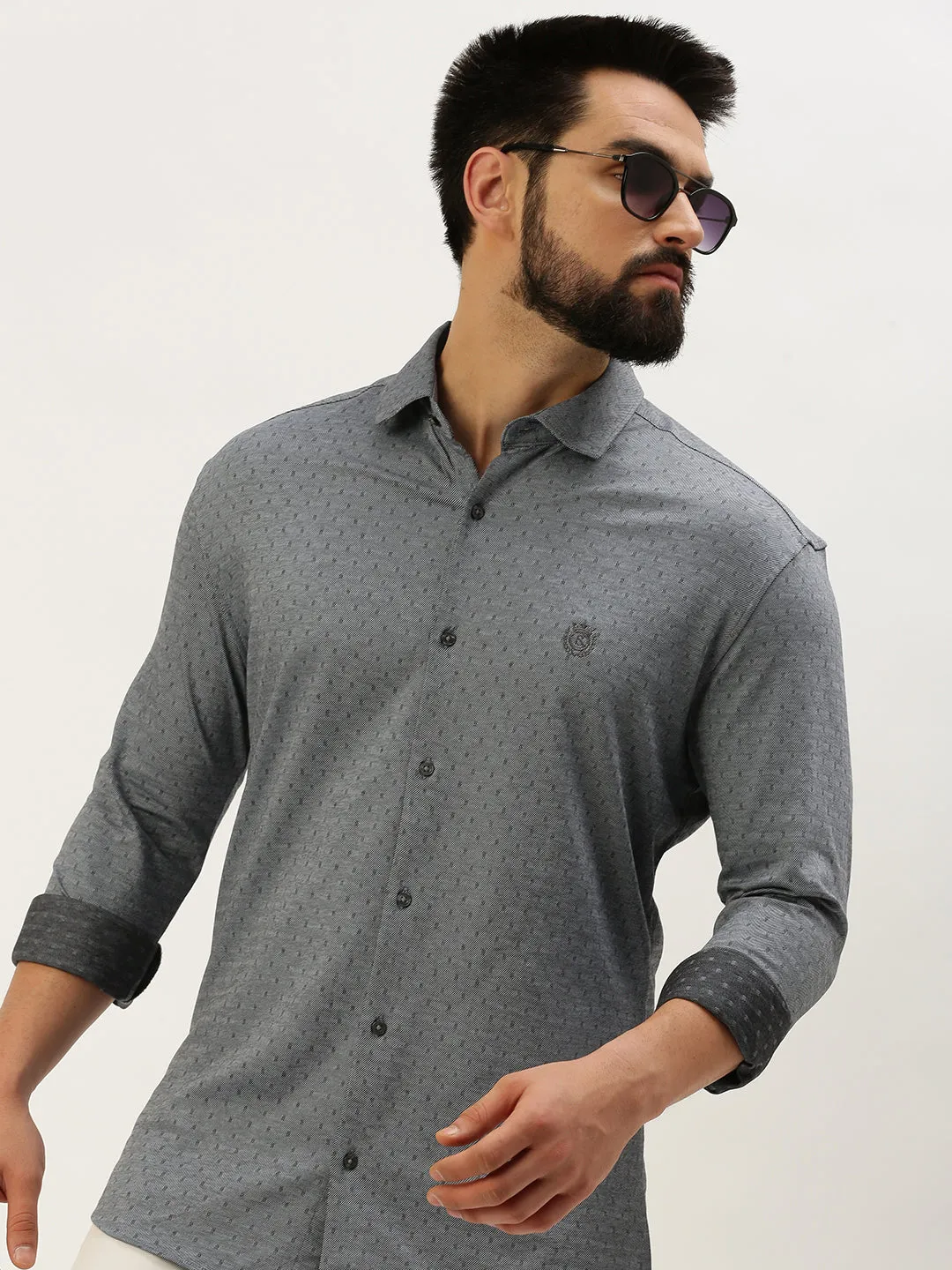 Men Grey Comfort Self Design Cotton Casual Shirt
