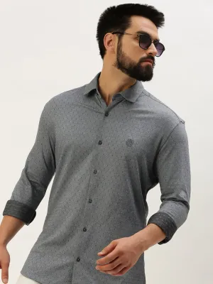 Men Grey Comfort Self Design Cotton Casual Shirt