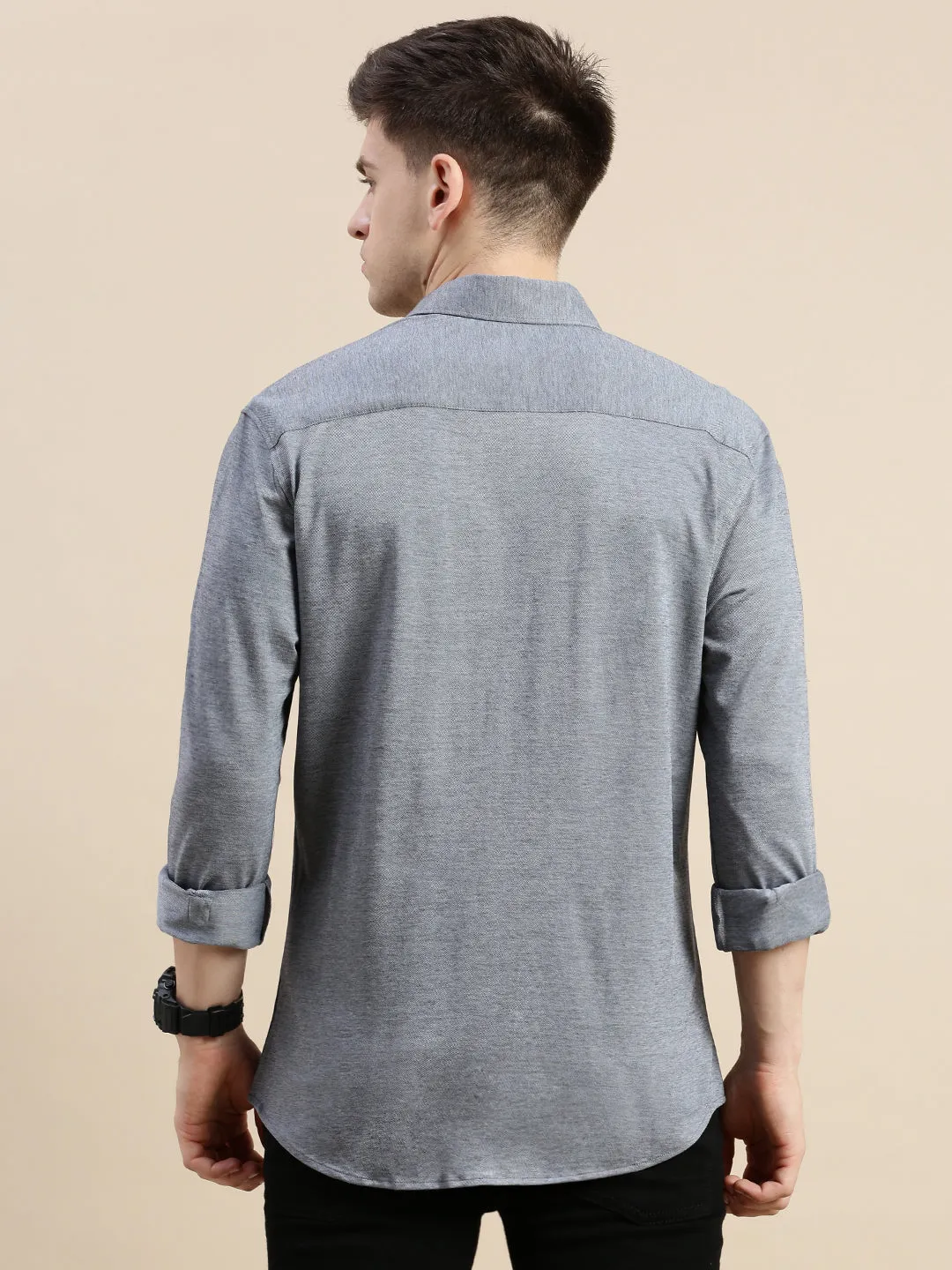 Men Grey Comfort Slim Fit Spread Collar Cotton Casual Shirt