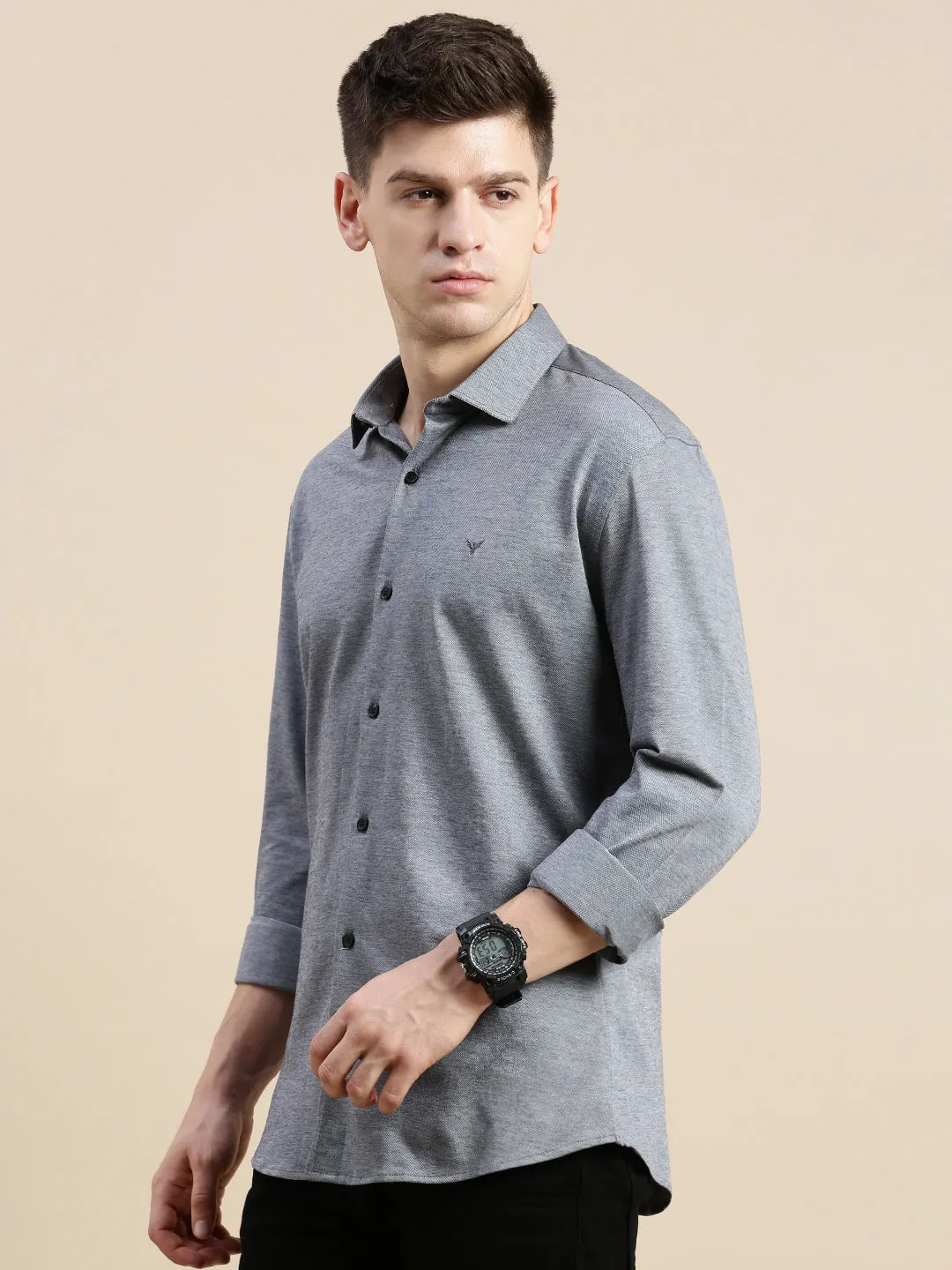 Men Grey Comfort Slim Fit Spread Collar Cotton Casual Shirt