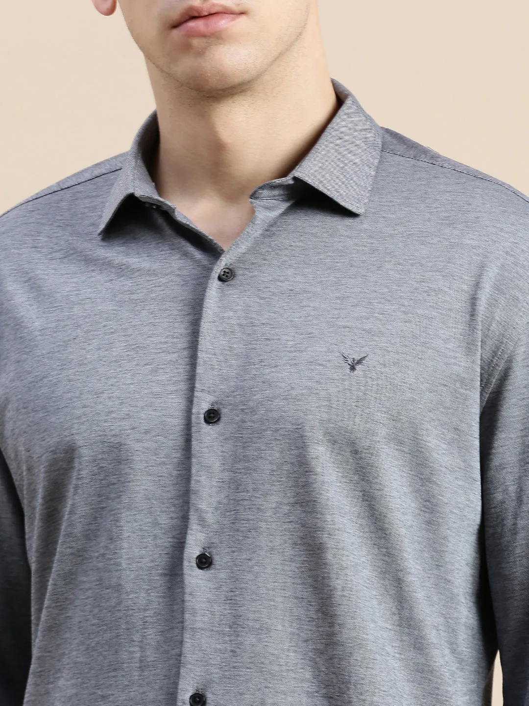 Men Grey Comfort Slim Fit Spread Collar Cotton Casual Shirt