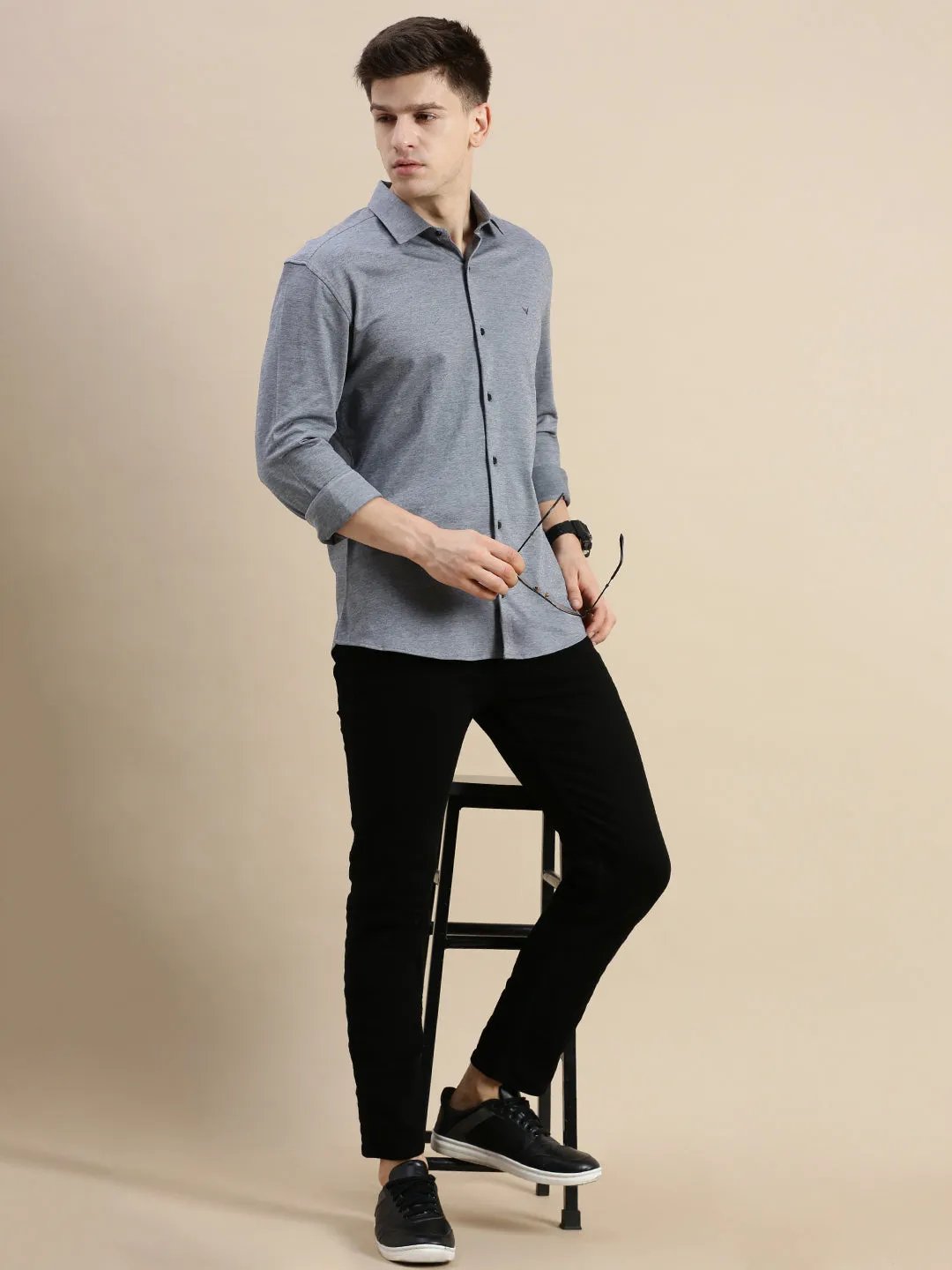 Men Grey Comfort Slim Fit Spread Collar Cotton Casual Shirt