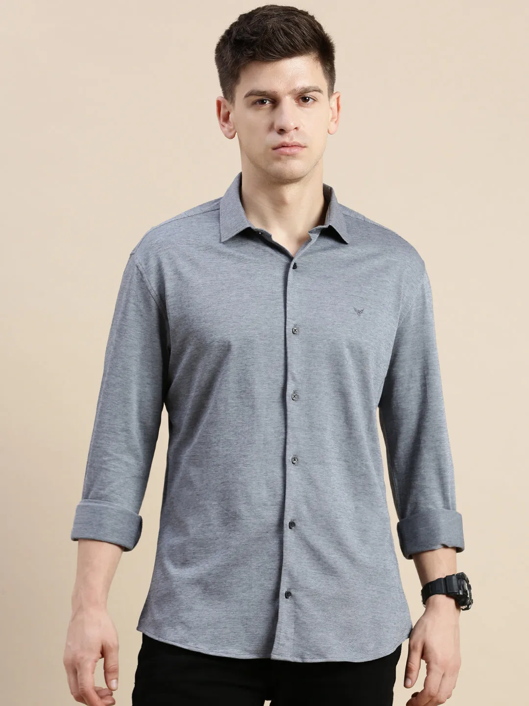 Men Grey Comfort Slim Fit Spread Collar Cotton Casual Shirt
