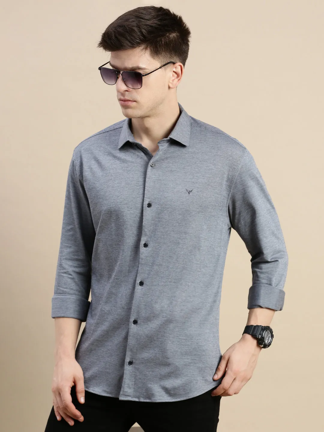 Men Grey Comfort Slim Fit Spread Collar Cotton Casual Shirt