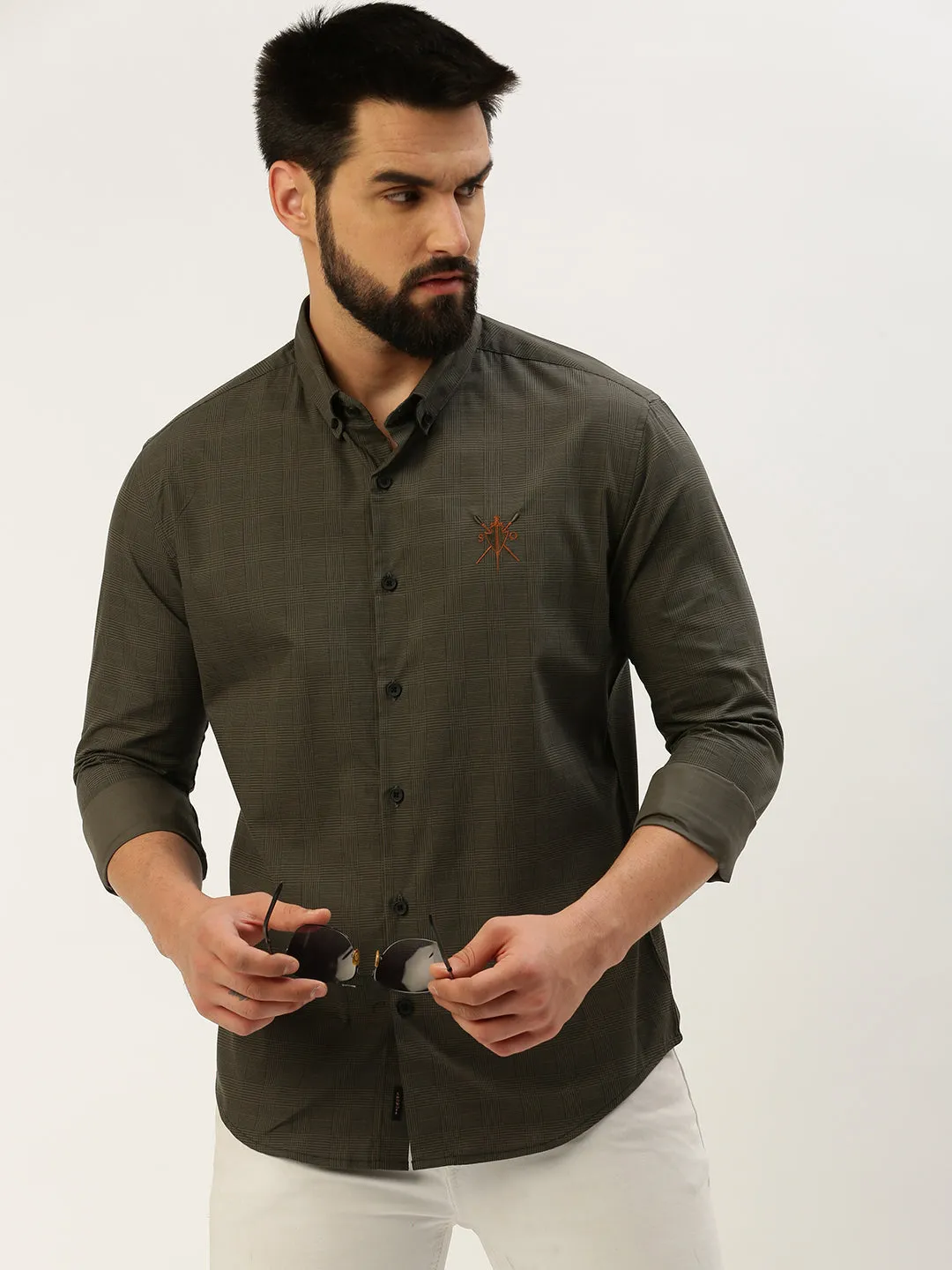 Men Grey Comfort Tartan Checked Button Down Collar Casual Shirt