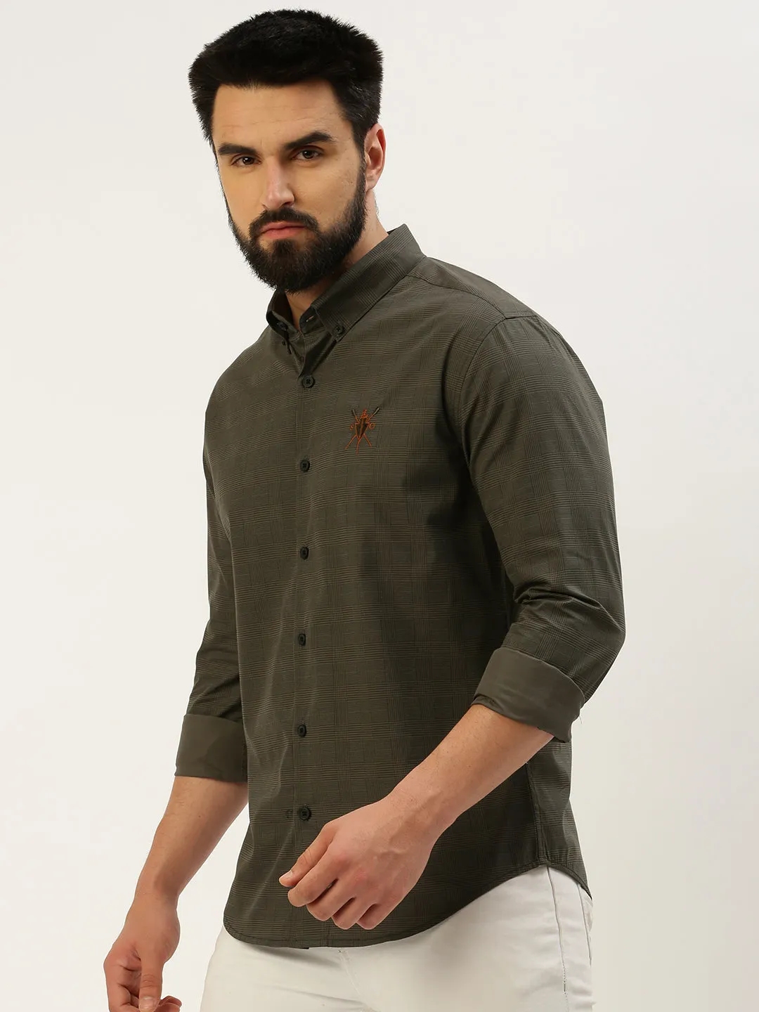 Men Grey Comfort Tartan Checked Button Down Collar Casual Shirt