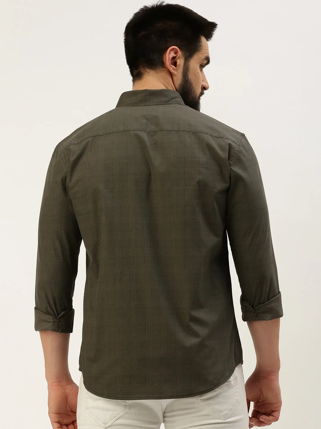 Men Grey Comfort Tartan Checked Button Down Collar Casual Shirt