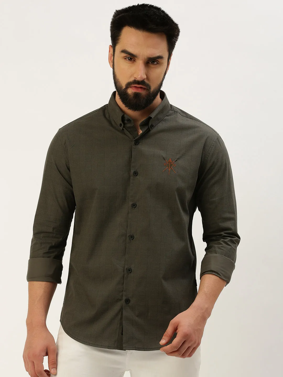 Men Grey Comfort Tartan Checked Button Down Collar Casual Shirt