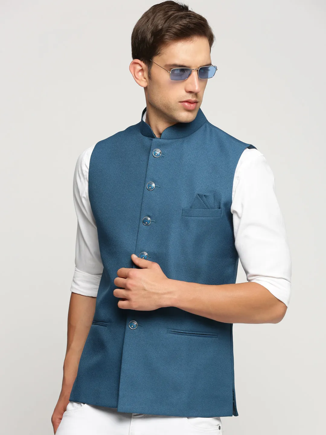 Men Teal Mandarin Collar Solid Nehru Jacket