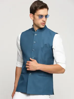 Men Teal Mandarin Collar Solid Nehru Jacket