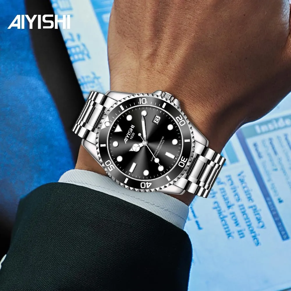 Men's Analog Quartz Watch with Date Display & Luminous Hands Waterproof, Luxury Silver Stainless Steel Watch, Rotatable Bezel Classic Business Dress Wristwatch Relojes De Hombre