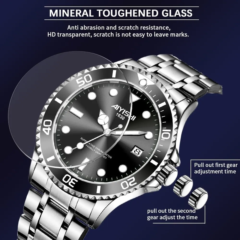 Men's Analog Quartz Watch with Date Display & Luminous Hands Waterproof, Luxury Silver Stainless Steel Watch, Rotatable Bezel Classic Business Dress Wristwatch Relojes De Hombre