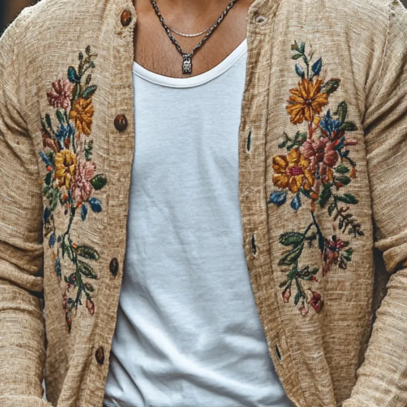 Men's Casual Linen Embroidered Stand Collar Loose Long Sleeve Shirt 86408595M
