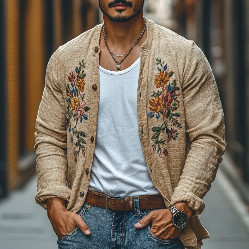 Men's Casual Linen Embroidered Stand Collar Loose Long Sleeve Shirt 86408595M