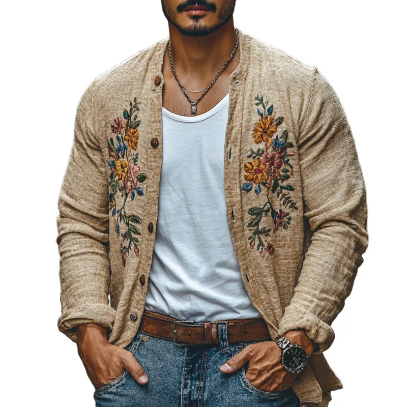 Men's Casual Linen Embroidered Stand Collar Loose Long Sleeve Shirt 86408595M