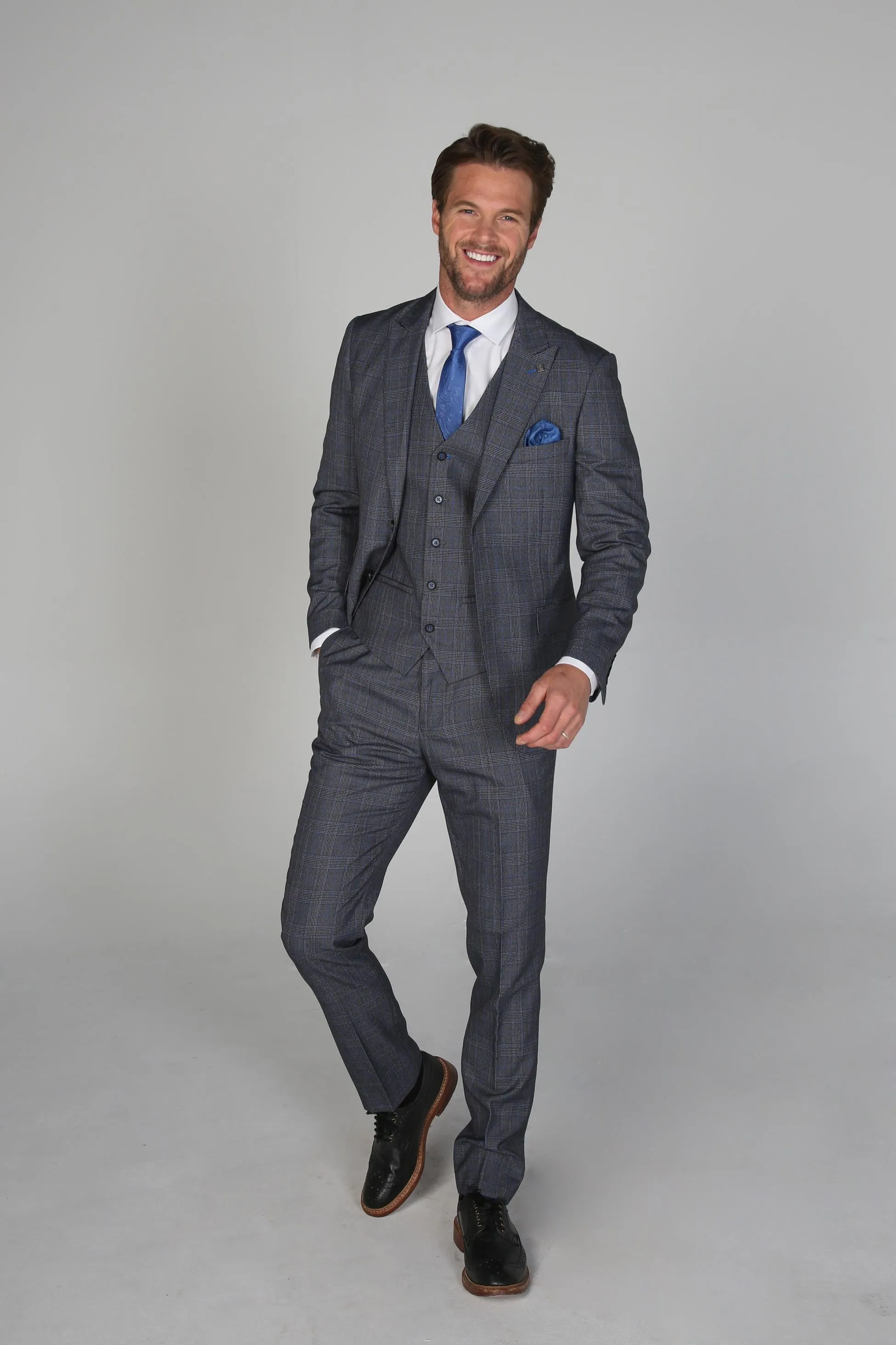 Men's Check Textured Tailored Fit Formal Suit - HENRY - Grey - Blue