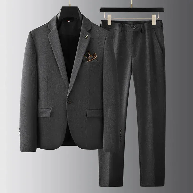 Men's Suit Set - Slim Fit Blazer & Flat Front Trousers - Notch Lapel - 2-Button Closure