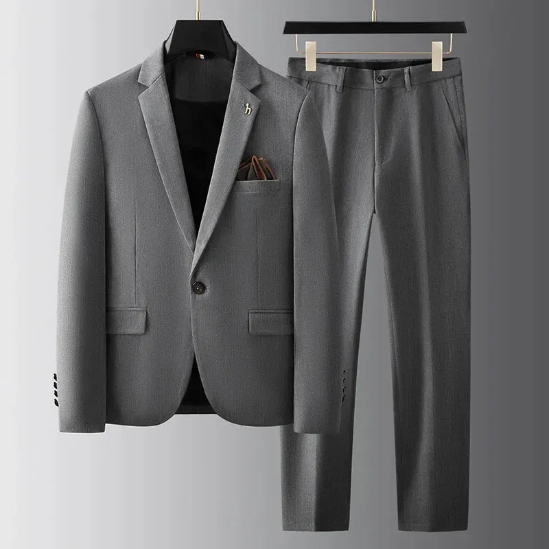 Men's Suit Set - Slim Fit Blazer & Flat Front Trousers - Notch Lapel - 2-Button Closure