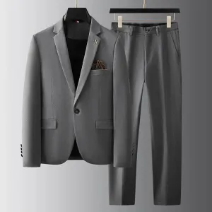Men's Suit Set - Slim Fit Blazer & Flat Front Trousers - Notch Lapel - 2-Button Closure