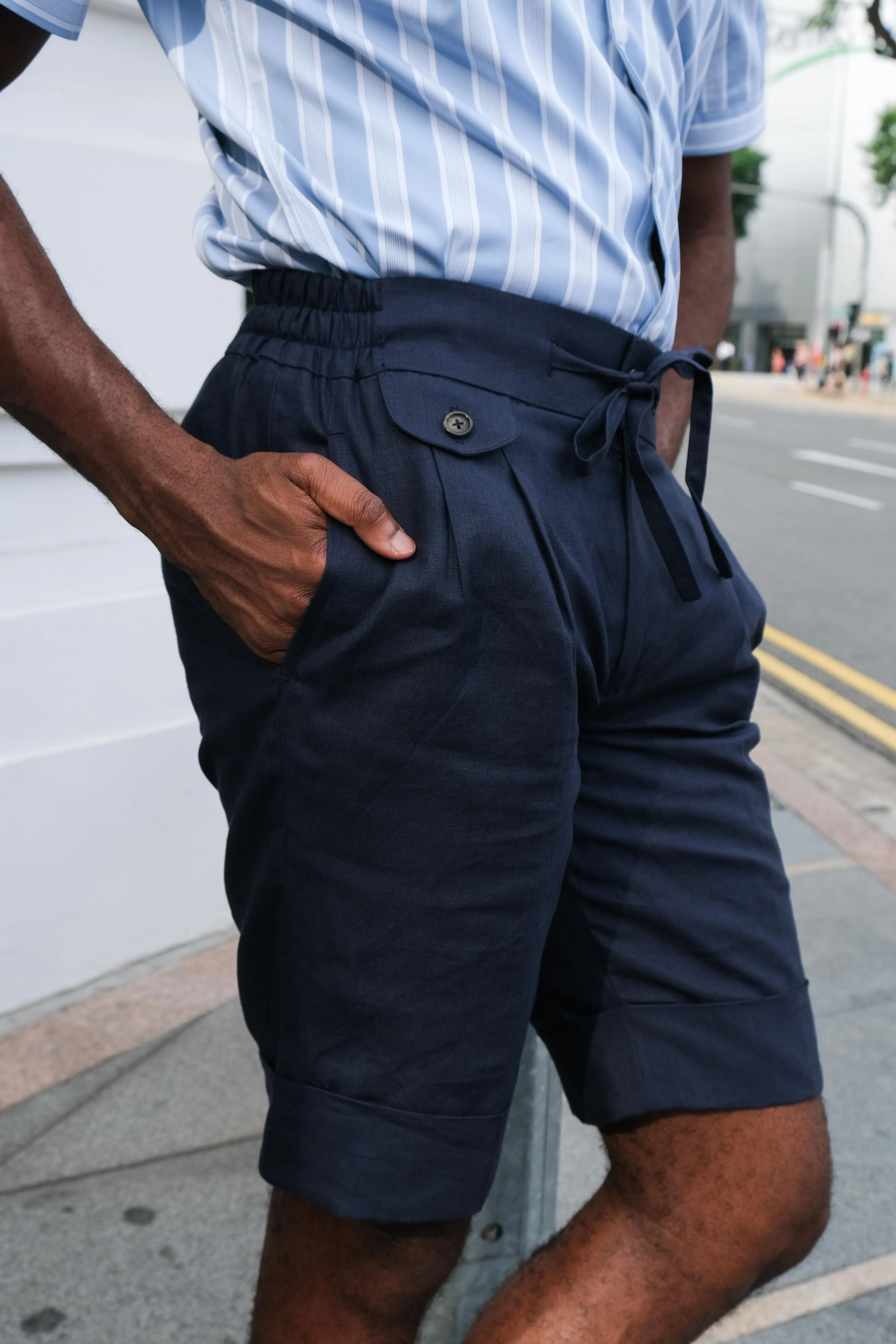 Navy Linen Bermuda Shorts