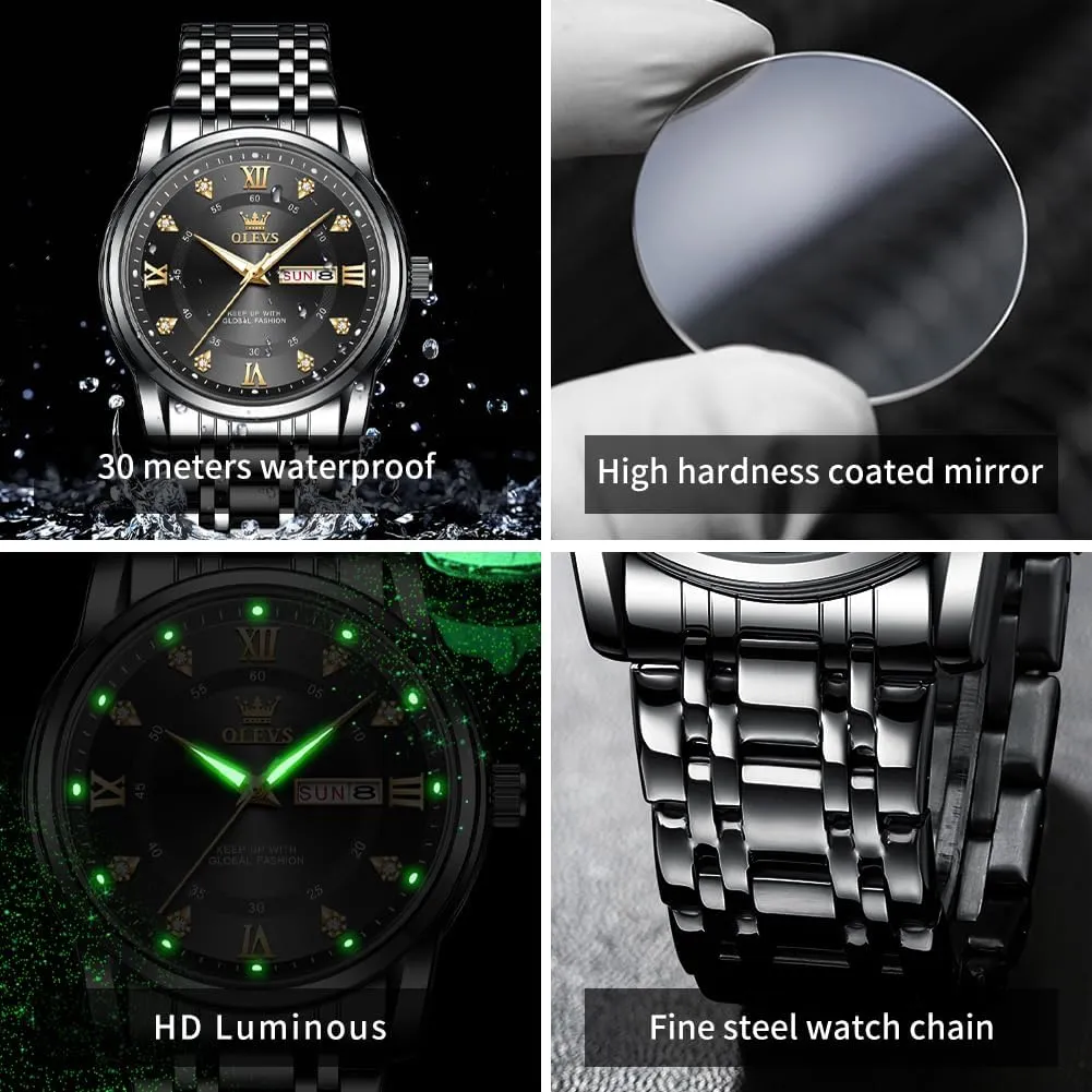 OLEVS Men Watch Blue Gold Analog Quartz Stainless Steel Waterproof Luminous Date Luxury Casual Watch