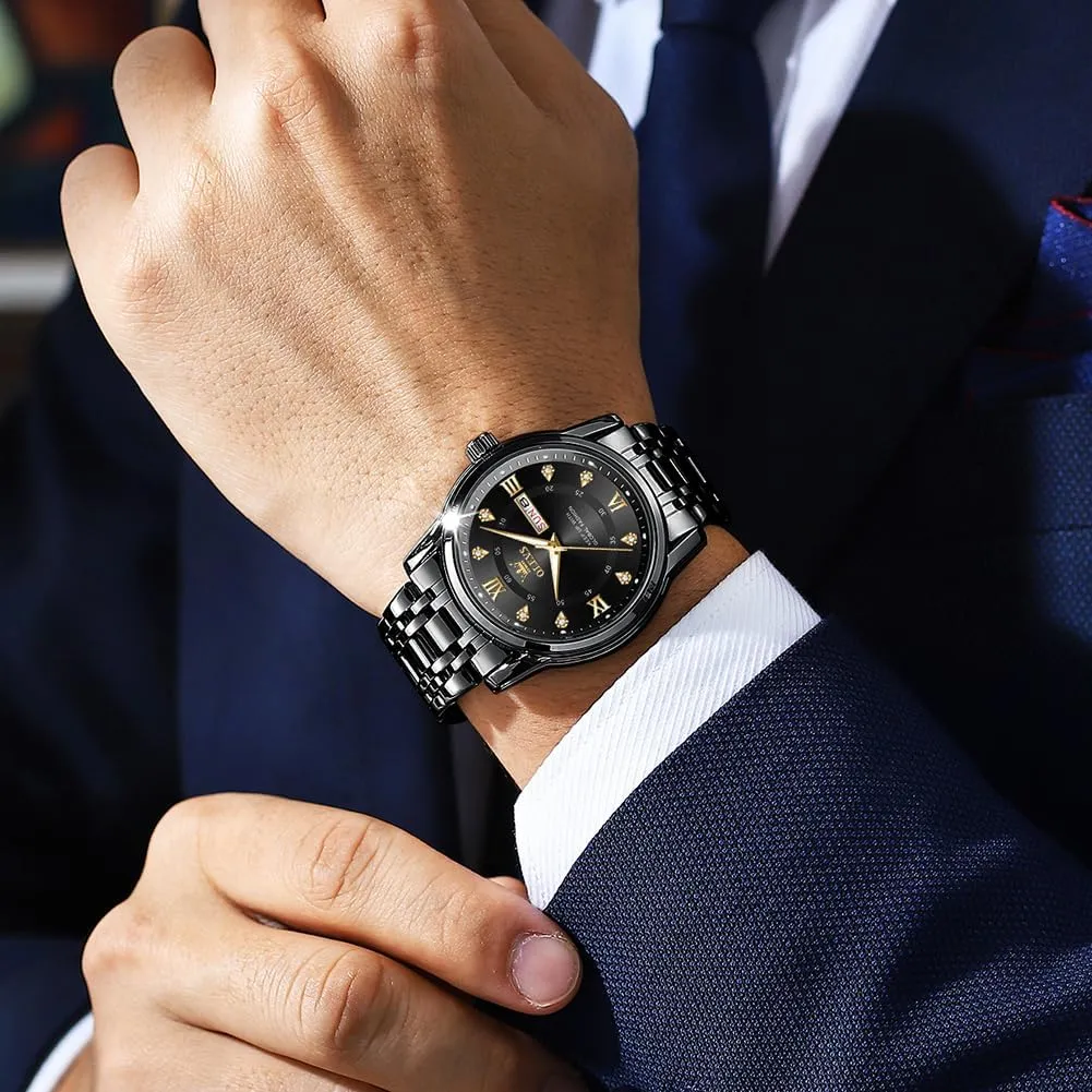 OLEVS Men Watch Blue Gold Analog Quartz Stainless Steel Waterproof Luminous Date Luxury Casual Watch