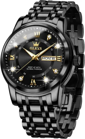 OLEVS Men Watch Blue Gold Analog Quartz Stainless Steel Waterproof Luminous Date Luxury Casual Watch
