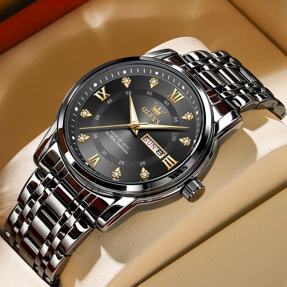 OLEVS Men Watch Blue Gold Analog Quartz Stainless Steel Waterproof Luminous Date Luxury Casual Watch