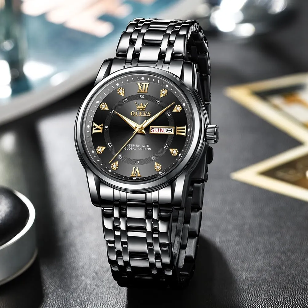 OLEVS Men Watch Blue Gold Analog Quartz Stainless Steel Waterproof Luminous Date Luxury Casual Watch