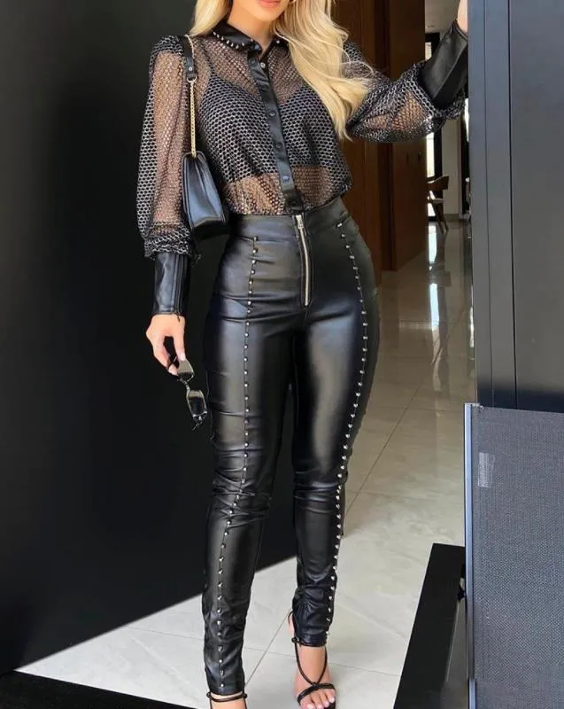 Plain PU Leather Studded Zipper Design Sexy Skinny Long Pants  All-Match Casual Spring Autumn yk2 Women&#39;s Clothing
