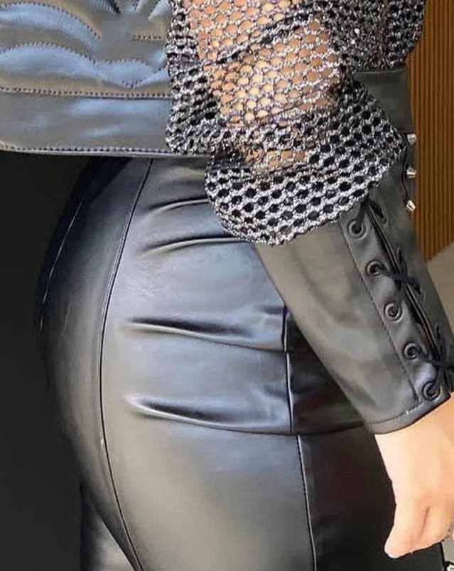 Plain PU Leather Studded Zipper Design Sexy Skinny Long Pants  All-Match Casual Spring Autumn yk2 Women&#39;s Clothing