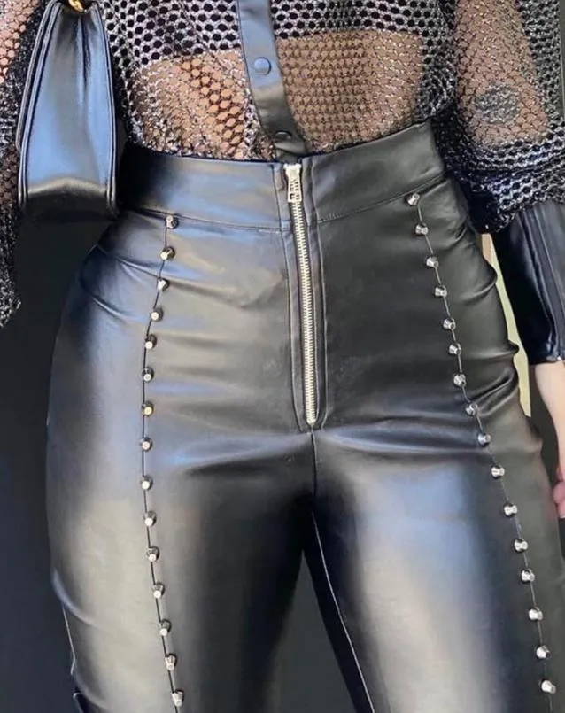 Plain PU Leather Studded Zipper Design Sexy Skinny Long Pants  All-Match Casual Spring Autumn yk2 Women&#39;s Clothing