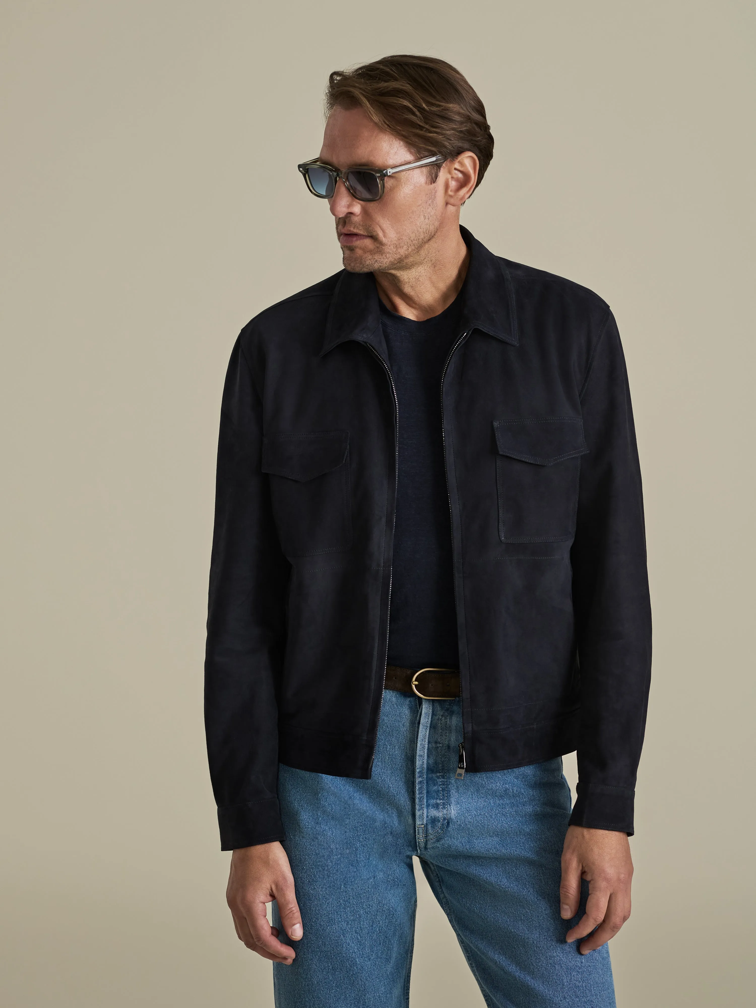 Suede Zip-Through Pocket Bomber Jacket