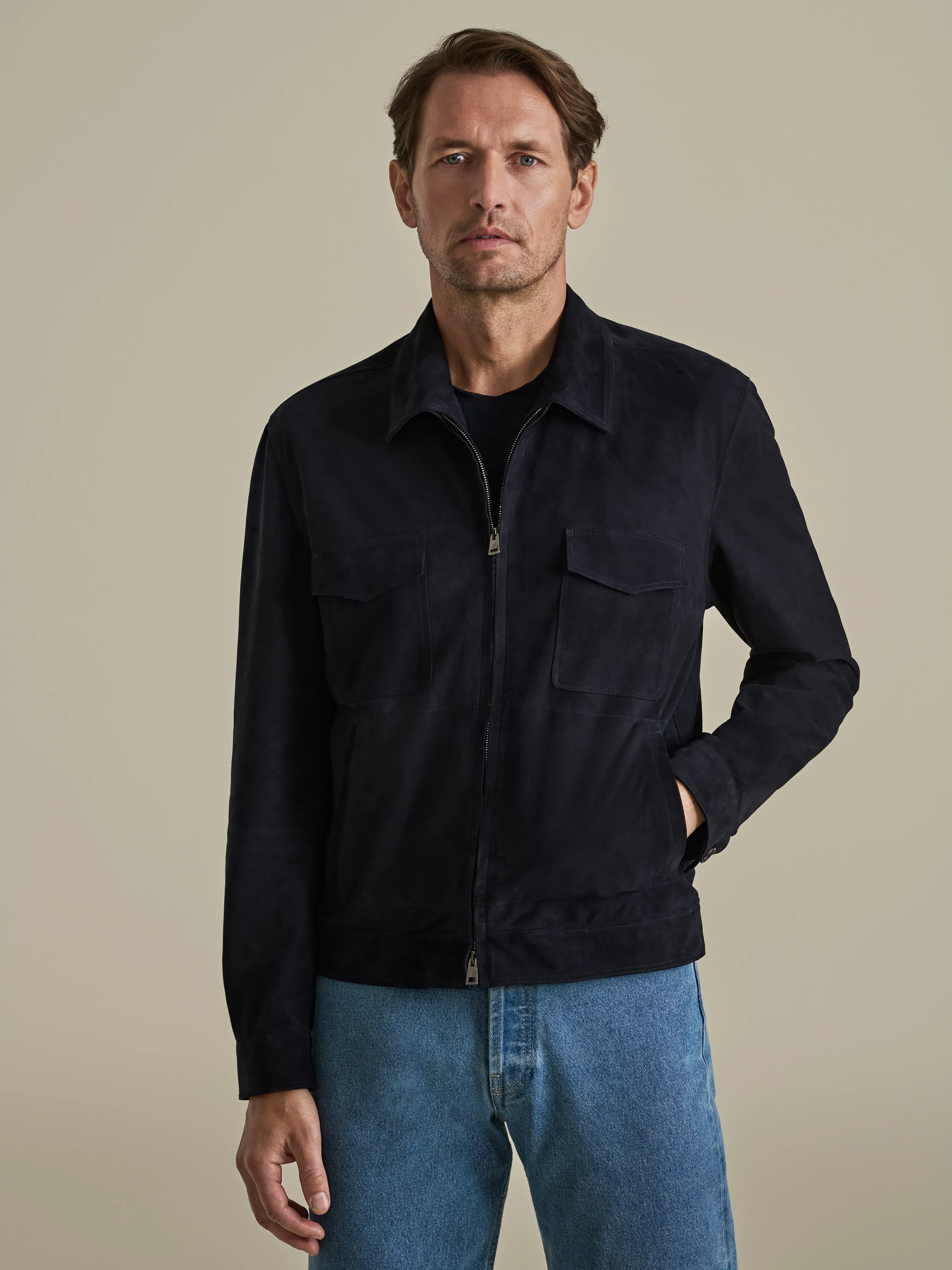 Suede Zip-Through Pocket Bomber Jacket