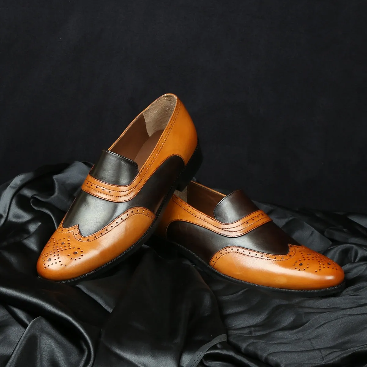 Tan-Dark Brown Leather Sassy Slip-ons